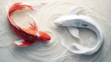 Two koi fish are swimming in a circular motion, with their long ornate fins and tails elegantly detailed. One fish is red, and the other is white in the water