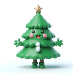 fairy tale 3d character new year fir tree, green festive coniferous tree isolated on white background