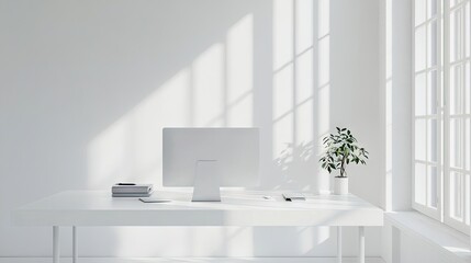 Wall Mural - White office space with clean white walls, a white desk, and minimal clutter for a refreshing work environment.