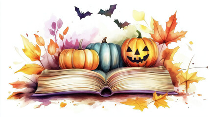 Wall Mural - A vibrant autumn scene featuring pumpkins, colorful leaves, and a spooky book, perfect for Halloween-themed designs.