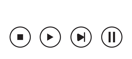 Music player icon set with play, pause, next, previous like and settings symbol in black and white color stroke style. Media Player Buttons icon set, Play and pause buttons sign, Video Audio Player. 