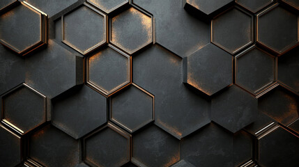 A design featuring a hexagonal pattern, made of dark metal, on an abstract geometric background.