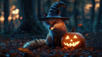 A fox is sitting in the woods with a pumpkin and a witch's hat