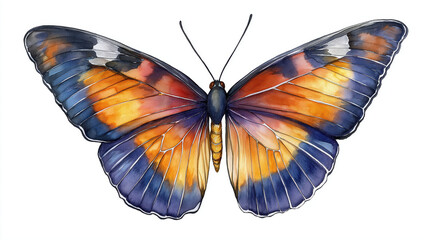 A vibrant butterfly illustrated with bright orange and blue wings, showcasing nature's beauty and intricate details.