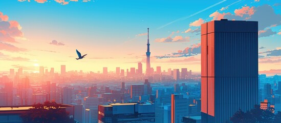 Wall Mural - Painting of a vibrant cityscape panorama at sunrise featuring skyscrapers against a blue sky