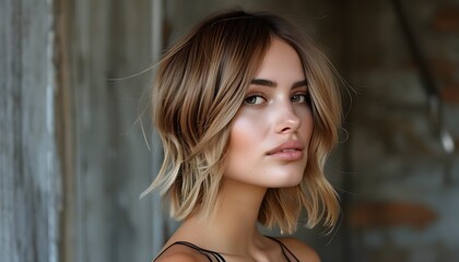 Wall Mural - Stunning woman showcasing elegant ombre and balayage hairstyle techniques