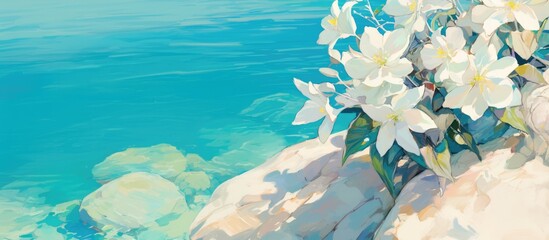 Painting of white flowers by the beach with sea water Vibrant summer ambiance