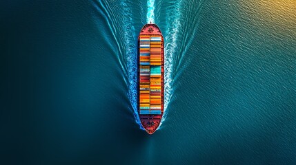 Aerial view of a cargo ship navigating the deep blue waters.