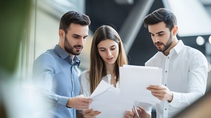 Wall Mural - Three Business Professionals Reviewing Documents