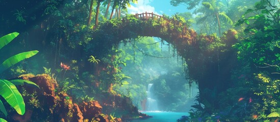 Tropical jungle scene featuring a bridge in a vibrant lush setting