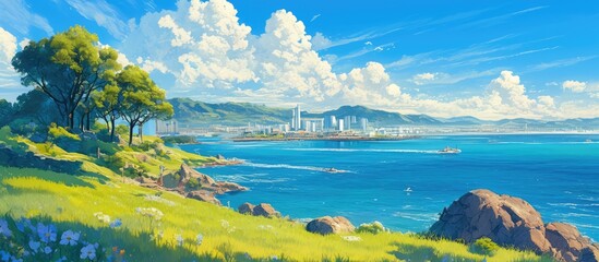 Painting capturing a scenic landscape view from a coastal point showcasing the beauty of a vibrant city skyline across the water