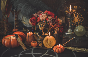 Mystical scene with candles. Fate prediction. Halloween concept, details and décor for home