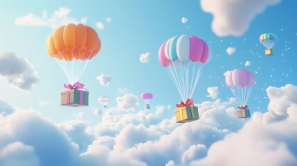 A Box flying on a parachute with pink cloud,vector illustration of package flying down from sky and cloud with parachute, concept for delivery service,shopping online,air delivery service.