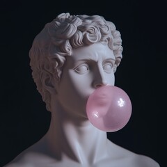 Wall Mural - This photo features a classical sculpture with a modern twist. The figure blows a large pink bubble, combining art and contemporary culture in a striking way. A blend of styles creates intrigue. AI