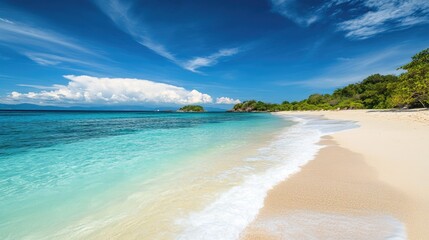 Wall Mural - Serene island beach with white sand, turquoise waters, and colorful coral reefs, perfect for snorkeling and relaxation