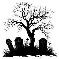 Poster - Silhouette of a Graveyard with Tombstones and Tree on white background 