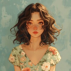 Wall Mural - Illustration of a cute girl with brown curly hair, wearing a floral dress. The drawing style is simple with muted pastel tones and low saturation colors of low contrast, giving it a vintage vibe.