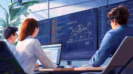 team of software developers collaborating in a modern tech office, with large screens showing data f