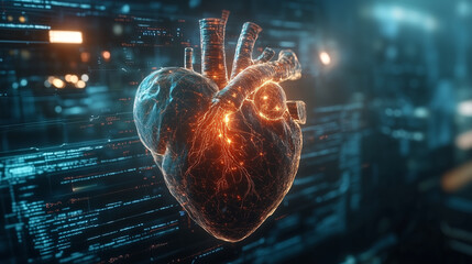 Digital Human Heart with Glowing Network on Tech Background