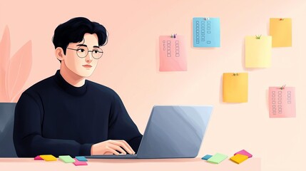 software engineer in a stylized office setting, with a laptop open to code and colorful sticky notes
