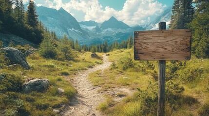 Blank sign on a hiking trail, scenic mountain landscape.--p l6r4il2