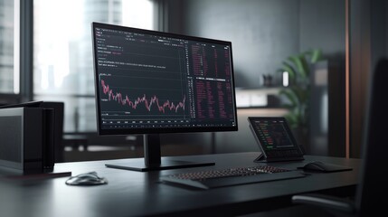 Wall Mural - A computer screen displays dynamic cryptocurrency trading charts in a sleek office, emphasizing contemporary décor and active market data with ample copy space to the right