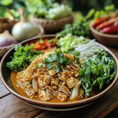 A plate of Khanom Jeen rice noodles served with rich chicken curry, surrounded by fresh Thai herbs and vegetables, set on a traditional Thai wooden table.