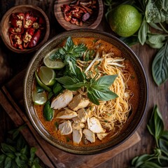 A plate of Khanom Jeen rice noodles served with rich chicken curry, surrounded by fresh Thai herbs and vegetables, set on a traditional Thai wooden table.