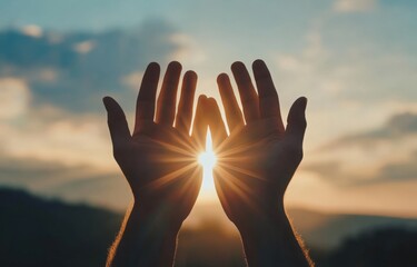 Woman hands holding the sun at dawn. Freedom and spirituality concept.