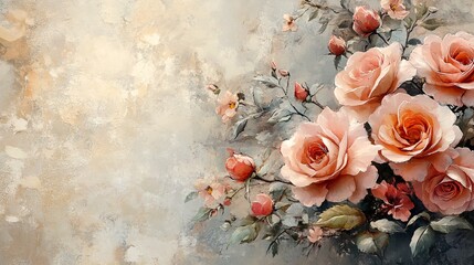 Wall Mural - Delicate Vintage Floral Painting with Soft Colors and Blank Space for Overlay