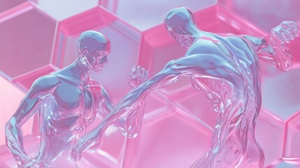 Two futuristic, chrome figures, facing each other with their arms raised in a fighting stance.  The figures are on a pink, geometric background of hexagons.