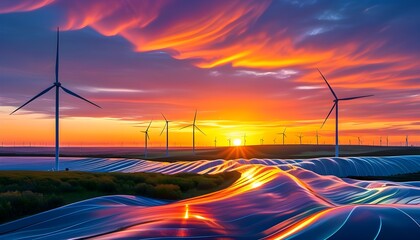 Digital waves and wind turbines under a glowing sunset, embodying innovation and the promise of renewable energy in a breathtaking landscape