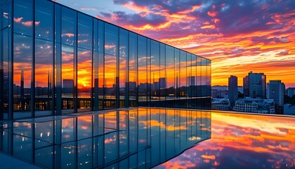 Dynamic sunset reflections on contemporary glass architecture highlighting an impressive urban skyline.