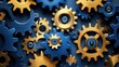 © ShinneProject - Close up of interlocking blue and gold gears against a blue background.
