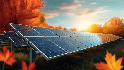 Wall Mural - Solar panel installation amidst colorful autumn leaves highlighting renewable energy and sustainability efforts