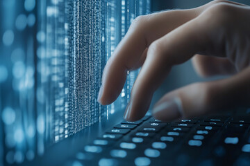 Close Up of Hand Typing on Laptop Keyboard with Digital Code in Background