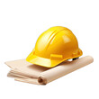 © BoOm - A bright yellow hard hat resting on a rolled blueprint, symbolizing safety and planning in construction. transparent background