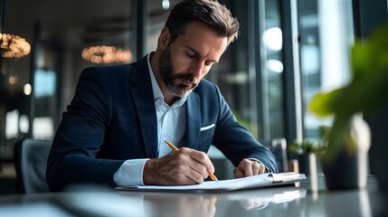 Wall Mural - A Businessman Signing a Document at a Desk