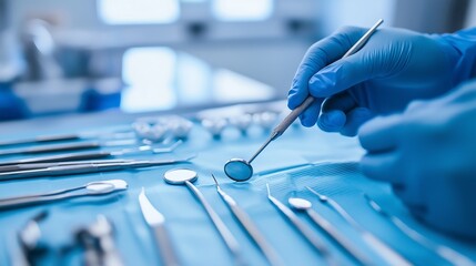 Wall Mural - Professional Dental Instruments Laid Out on a Clean Blue Tray, Ready for Use in a Modern Clinic 近代的なクリニックでの使用に備えて清潔なブルートレイに並べられたプロフェッショナルな歯科用器具.Generative AI
