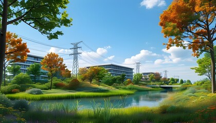 Harmonious Modern Landscape Blending Eco-Friendly Buildings, Lush Trees, and Power Lines Amidst Nature