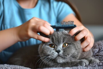 Cat combing, girl combs british shorthair cat hair, pet grooming, domestic animal fur, furry cat