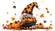 © Dirk - cute gnome wearing an orange, yellow and black plaid hat, long braided hair holding a wheelbarrow full of pumpkins, fall leaves, on white background, clipart design, colorful.