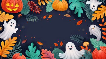 Wall Mural - Halloween Pumpkin Ghost Leaf Border Background