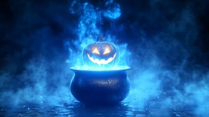 A magic pumpkin floating above a witch cauldron, glowing with blue energy and surrounded by cool mystical fog