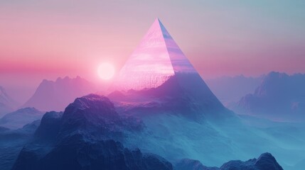 Surreal landscape featuring a holographic mountain peak in a futuristic sci fi 3D illustration