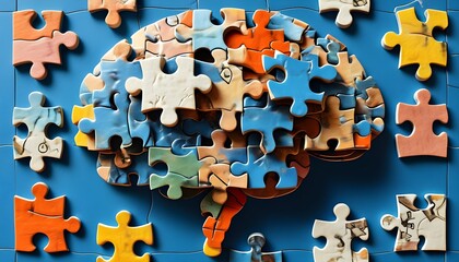 Colorful puzzle pieces forming a brain, representing creativity, problem-solving, and cognitive connections in an artistic display