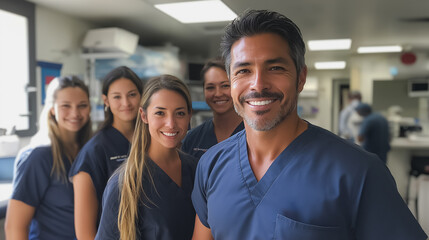 A group of nurses and a doctor are smiling for the camera. Scene is happy and friendly