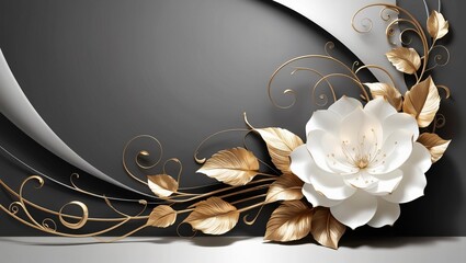 Elegant digital artwork with a large white flower and golden leaves on a dark grey gradient background. Asymmetrical design with intricate details, generative ai