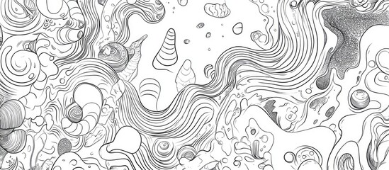 Surrealistic abstract doodle design for a coloring book featuring whimsical elements on a clean white background