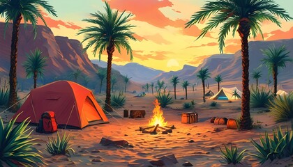 Vibrant desert campsite with tent, backpacks, palm trees, and crackling campfire inviting adventure and relaxation